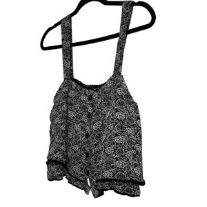 Free People Black‎ Floral Button Front Tank Top Small Boho Lace Trim Rayon